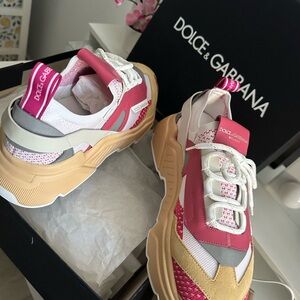 Dolce & Gabbana Pink White Tan Chunky Runner Sneakers